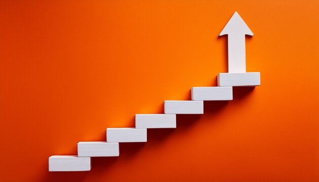 white staircase with upward arrow on bright orange background concept of growth and progress