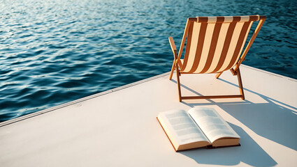 Striped deck chair beside open book on dock by calm water  
