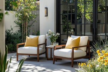 Outdoor patio set with white linen chairs, brown frame, pastel yellow throw pillows, and courtyard garden with plants and flowers.