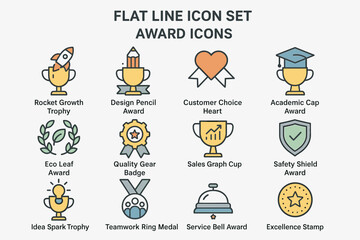Flat line vector illustration of award icons set for design projects and recognition themes
