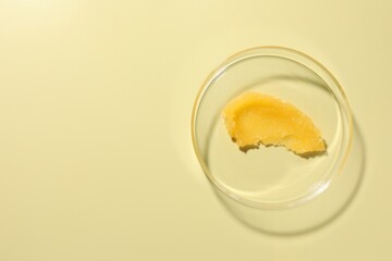 Cosmetic product in Petri dish on pale yellow background, top view. Space for text