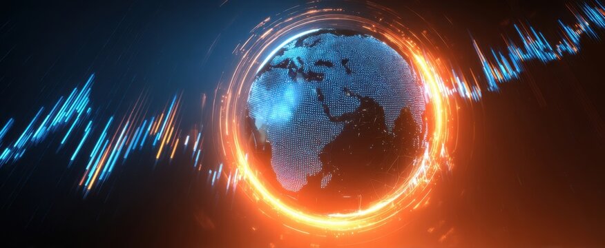 The Globe Illuminated by Vibrant Digital Effects and Sound Waves