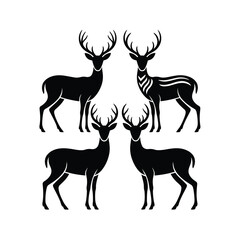 Four Unique Deer Silhouettes Standing Poses in Black Full Body Vector Art