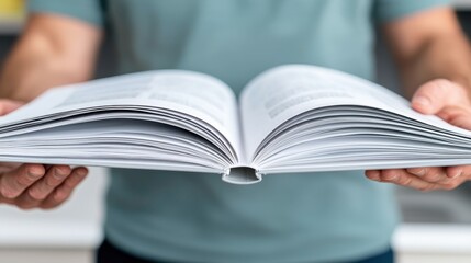 A person holding an open book, displaying its pages clearly, ready for reading or studying.