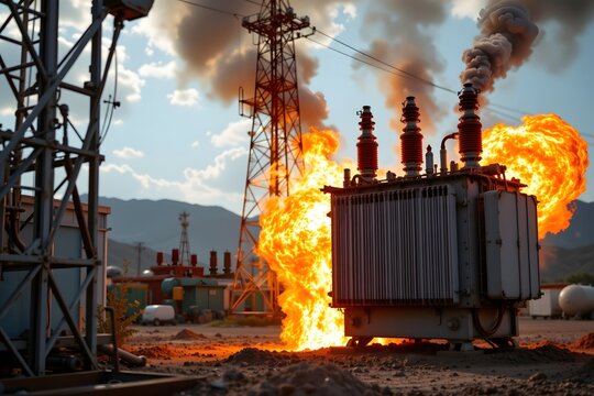 Electrical substation on fire: A dramatic scene unfolds as an electrical substation erupts in flames, smoke billowing into the air. The photo captures the intensity of a power system failure.