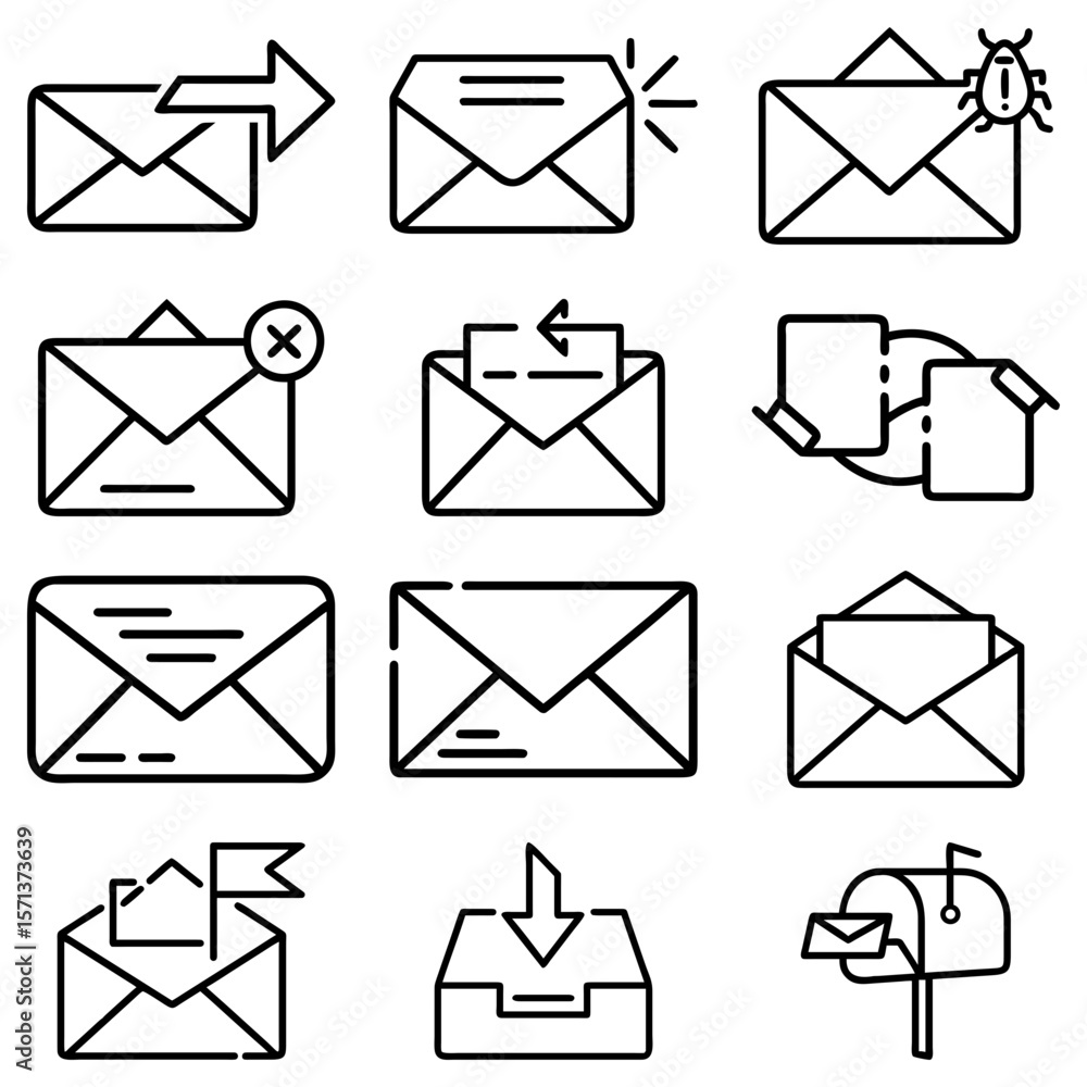 Poster collection of twelve outline email icons depicting various states and actions related to messages an