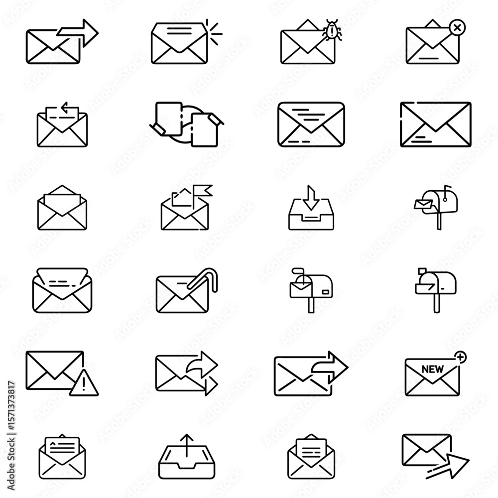 Poster collection of twenty different email and mailbox icons with various symbols and states in a vector f