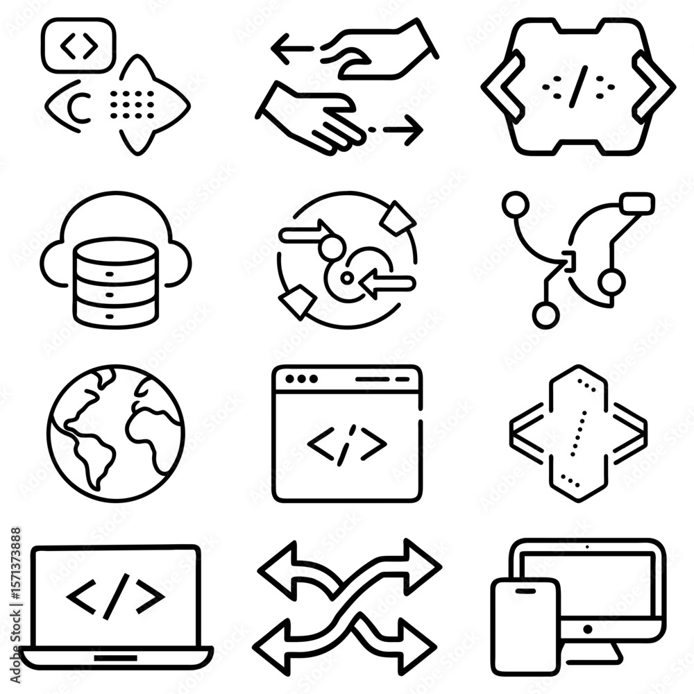 Poster collection of technology and development icons featuring coding, data, and networking elements