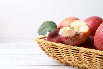 Spoiled apple and good ones in basket on white wooden table, closeup. Space for text