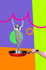 Contemporary 3d poster art pop collage of happy girl stand frying pan cooking dinner hand...