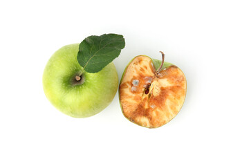 Spoiled and good apples isolated on white, top view