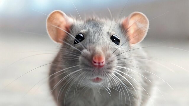 A captivating close-up of a grey rat's face, revealing its delicate whiskers, inquisitive eyes, and soft pink nose. This expressive portrait is perfect for highlighting animal curiosity, intelligence,