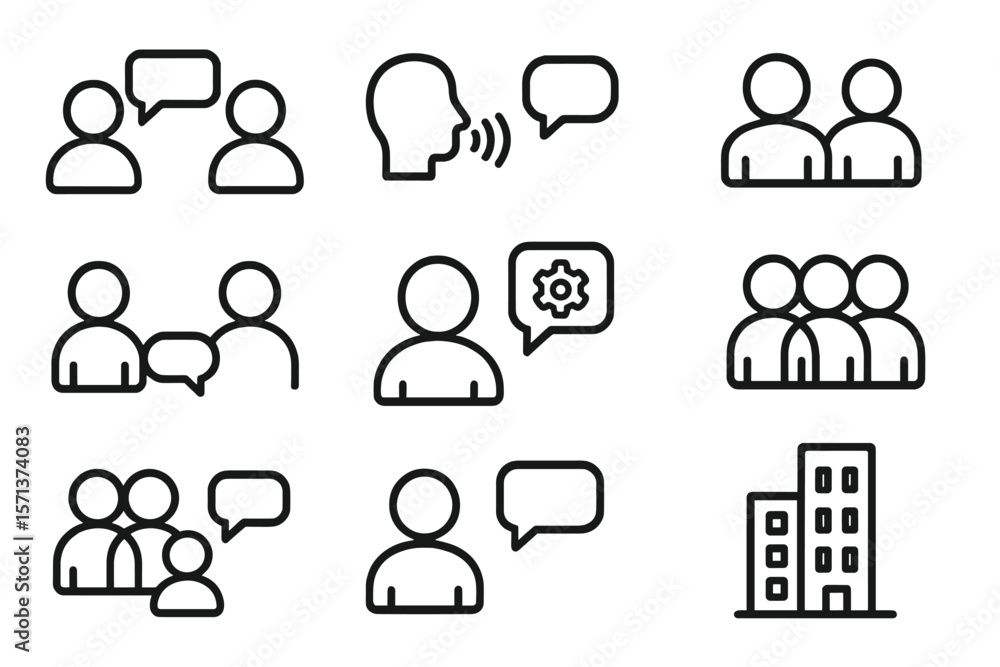 Poster communication and teamwork concept with speech bubbles and group icons in minimalist line vector ill