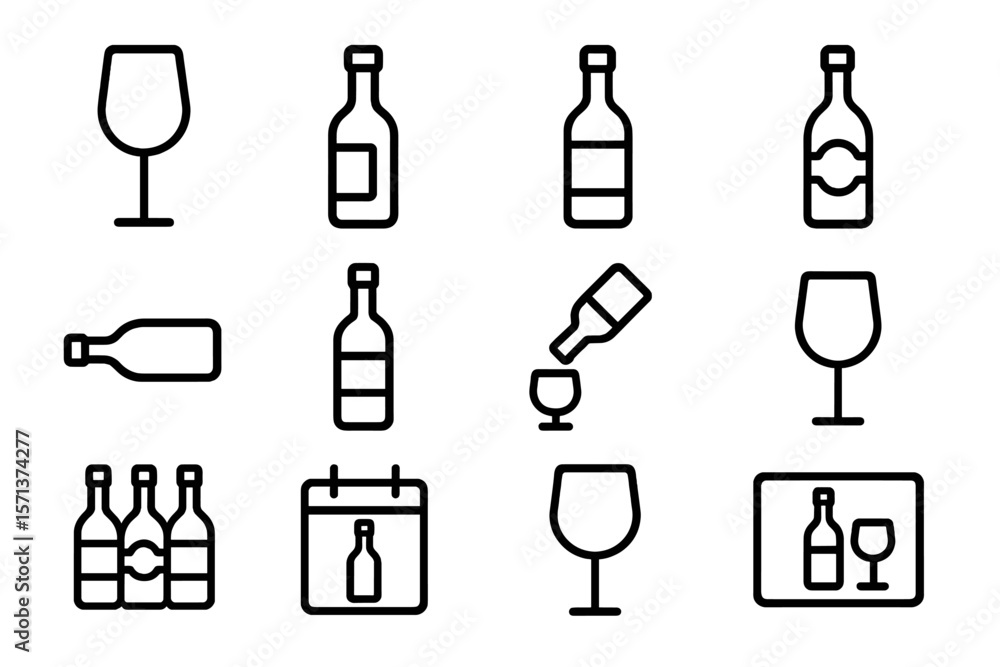 Poster wine and bottle vector illustration - modern line style for print or card design