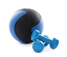 Medicine ball and dumbbells isolated on white
