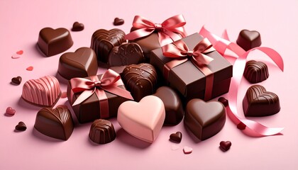 Valentine&rsquo;s Day Chocolate Gift Box with Ribbon on Pink Cute Background / バレンタインチョコレートのギフトボックスとリボン、ピンク背景でキュートに