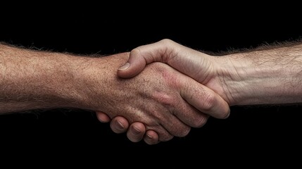 Fototapeta premium Two hands firmly shaking against a black background, symbolizing agreement, partnership, or cooperation.