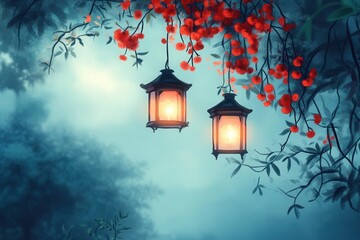 Two lanterns hang from branches with red flowers