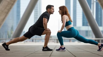 Athletic couple performing stretching exercises in urban setting, fitness routine in the city - Powered by Adobe