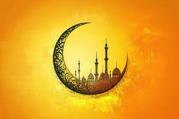 Crescent moon with mosque on a yellow background