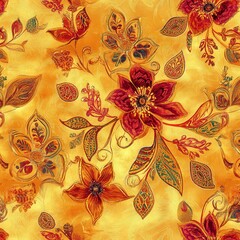 Golden floral pattern with red and orange flowers