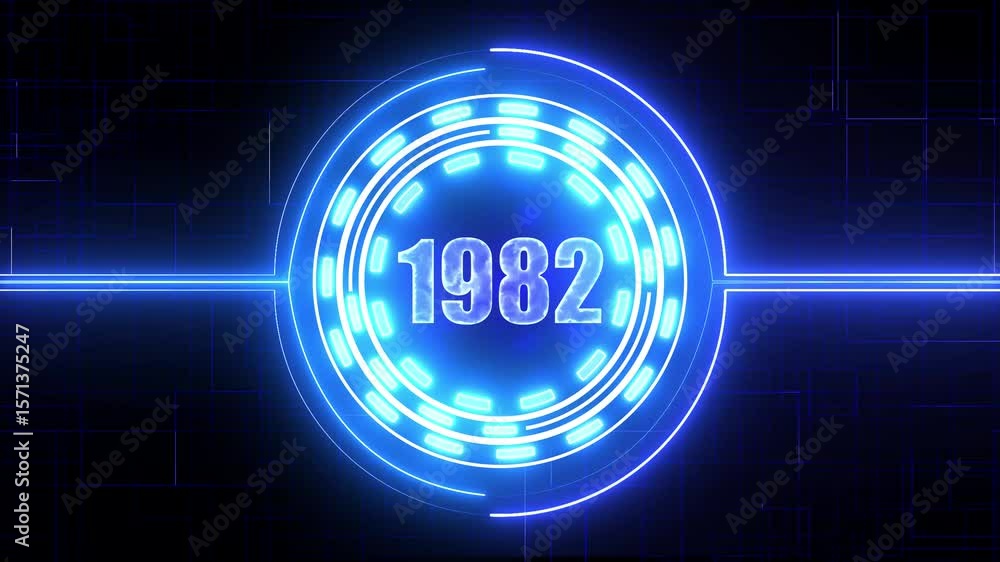 Aufkleber 1982 text with screen effects of technological failures. concept of counting years. past year techno