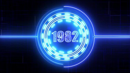 1982 text with screen effects of technological failures. Concept of counting years. Past year technology concept