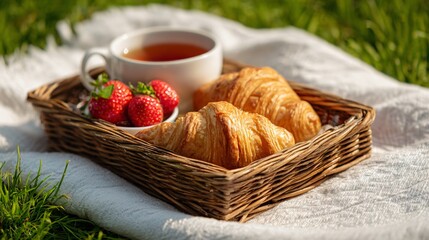 Wicker tray with croissants, strawberries, and tea on white cloth over grass