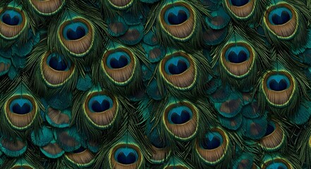 Vibrant Peacock Feather Background Texture, Close-Up of Iridescent Peacock Feathers, Exotic Peacock Eye Feathers Pattern
