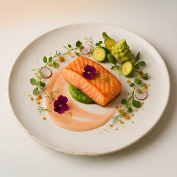 Grilled and smoked salmon served with lemon dill and fresh vegetables on a plate