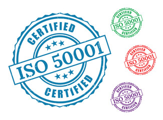 Certified Energy Management Icons, ISO 50001 Quality Label Vectors