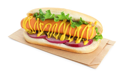 Tasty hot dog with pickles, lettuce, onion and mustard isolated on white