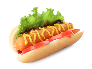 Tasty hot dog with tomato, lettuce, ketchup and mustard isolated on white