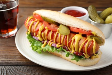 Tasty hot dog served with soda drink on wooden table, closeup