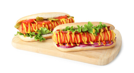Tasty hot dogs with vegetables, mustard and ketchup isolated on white