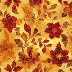 Golden floral pattern with red and orange flowers