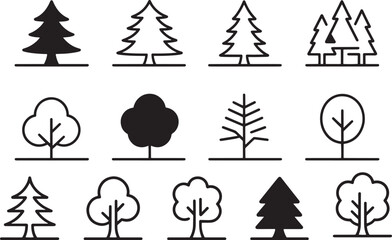 Various stylized trees depicted as simple black and white icons nature forest