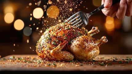 A whole roasted chicken is seasoned with spices and herbs, ready to be carved, with a fork piercing the top and a warm, festive background.