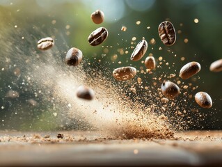 Coffee beans exploding in mid-air with coffee grounds scattering on a wooden surface, set against a blurred natural background.