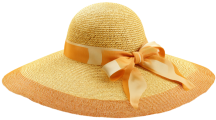 Woman's summer straw hat with orange ribbon detail isolated on transparent background.
