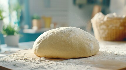 Fresh dough resting on a floured surface, ready for baking in a bright, cozy kitchen.