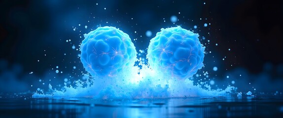 Abstract antimatter collision causing spacetime fabric distortion. Two Abstract Forms Colliding with Light and Energy in Blue Colors