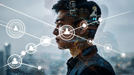 Double exposure of a businessman blending with modern technology - Powered by Adobe