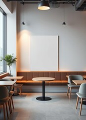 A minimalist modern cafe interior featuring a pristine white poster mockup ready to showcase your captivating copy against a sleek minimalist backdrop  professional presentation blank empty  creative 