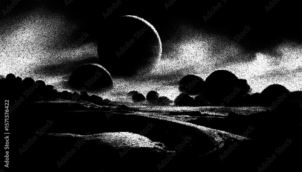 Poster alien planet landscape in retro dotwork style. planets and satellites over unknown planet in space. 
