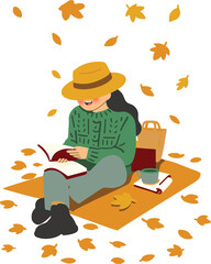 Girl Reading Book and Enjoying Autumn