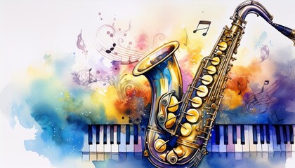 Naklejka premium artistic watercolor saxophone and piano keys music background design perfect for music related projects and websites