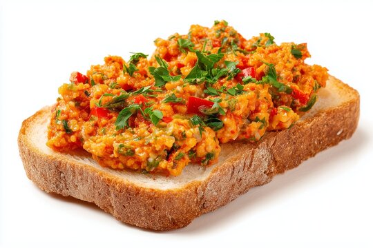 Romantic spread of Romanian zacusca on fresh bread garnished with herbs creates a delightful culinary experience for any meal