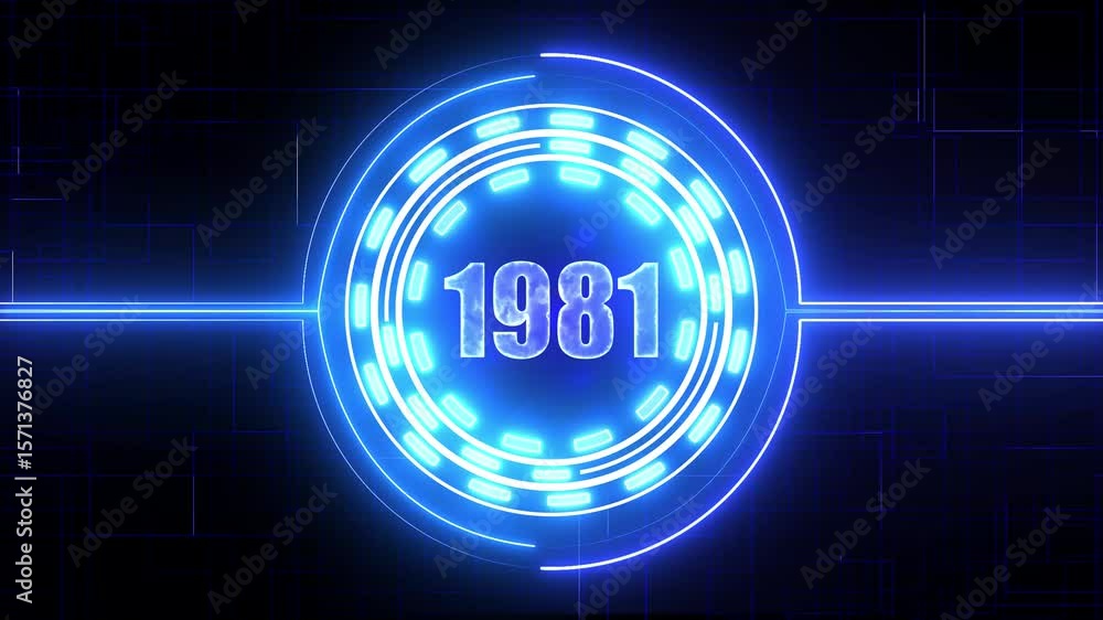 Poster 1981 text with screen effects of technological failures. concept of counting years. past year techno