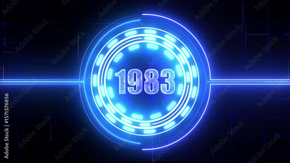 Aufkleber 1983 text with screen effects of technological failures. concept of counting years. past year techno